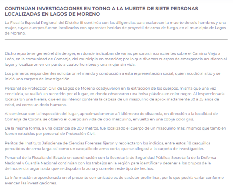 Comunicado de la FEJ indica que se encontraron más cuerpos en Lagos de Moreno