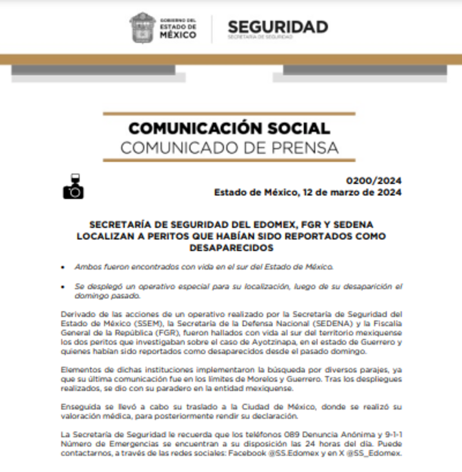 Localizan a los peritos desaparecidos de la FGR al sur del Edomex