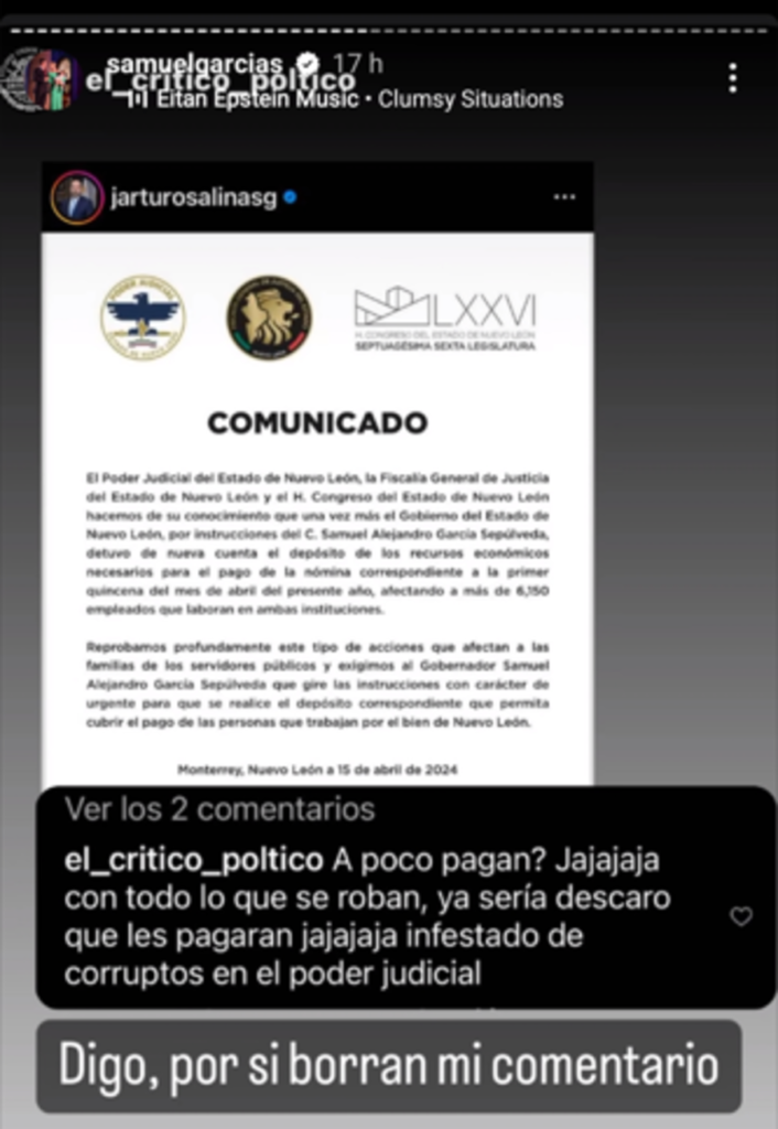 ¿Qué ha dicho Samuel García sobre los señalamientos en su contra de detener el pago de nómina?