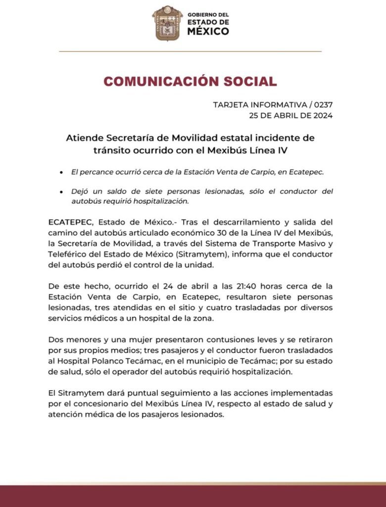 Esto dijo la SEMOV tras la volcadura de la unidad del Mexibús en Ecatepec