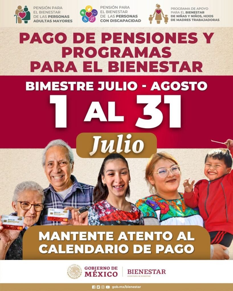 Oficial las fechas de pago de la Pensión del Bienestar para julio-agosto