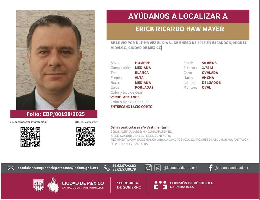 El periodista Erick Ricardo Haw Mayer se encuentra desaparecido; fue visto por última vez en la colonia Escandón de la alcaldía Miguel Hidalgo