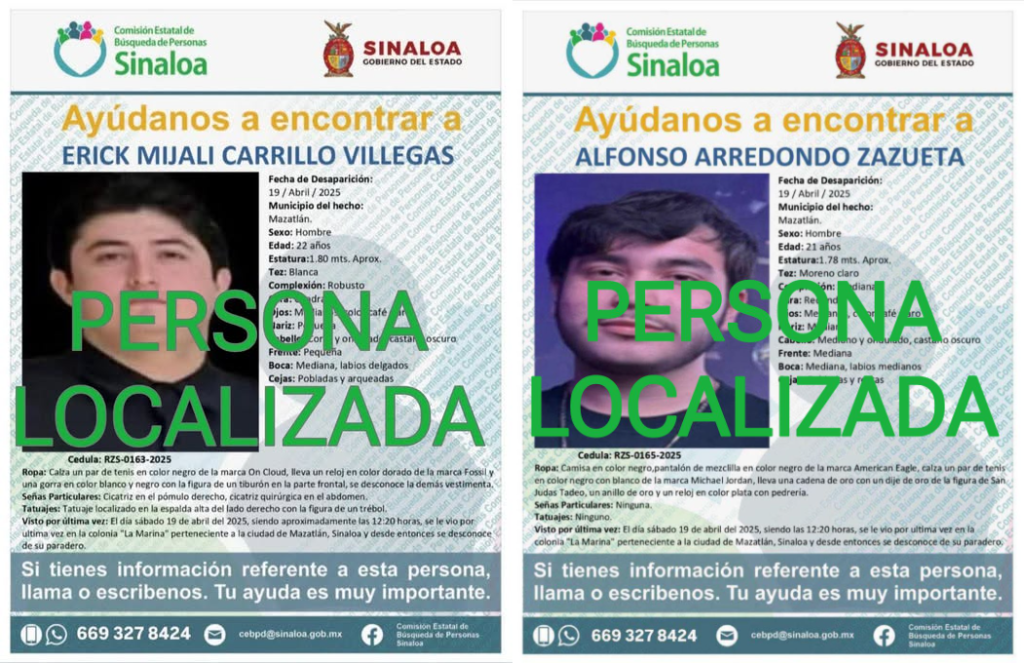 Localizan a tres jóvenes desaparecidos en Mazatlán; uno de ellos sin vida. Aún no hay más detalles del hallazgo. Siguen desaparecidos otros tres en el estado originarios de Querétaro