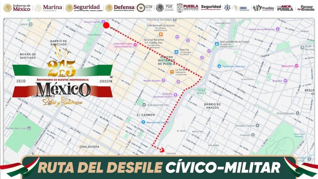 Imagen de la ruta del desfile del 16 de septiembre en Puebla 2025