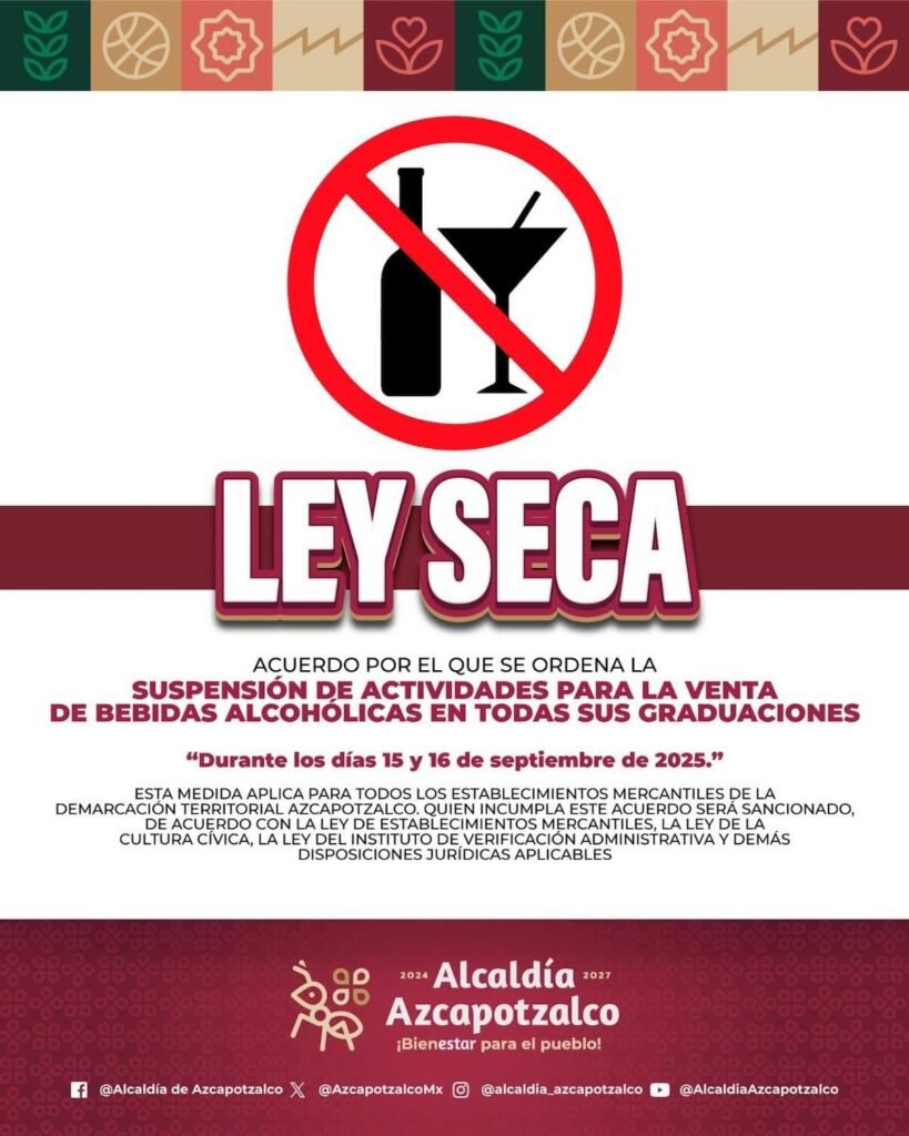 Imagen para nota de la Ley Seca en Azcapotzalco septiembre 2025