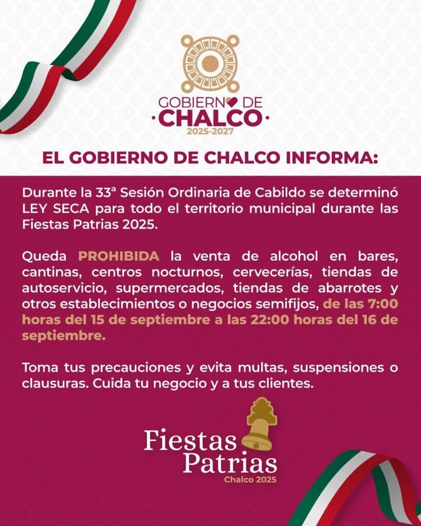 Imagen para nota de la Ley Seca en Chalco 2025