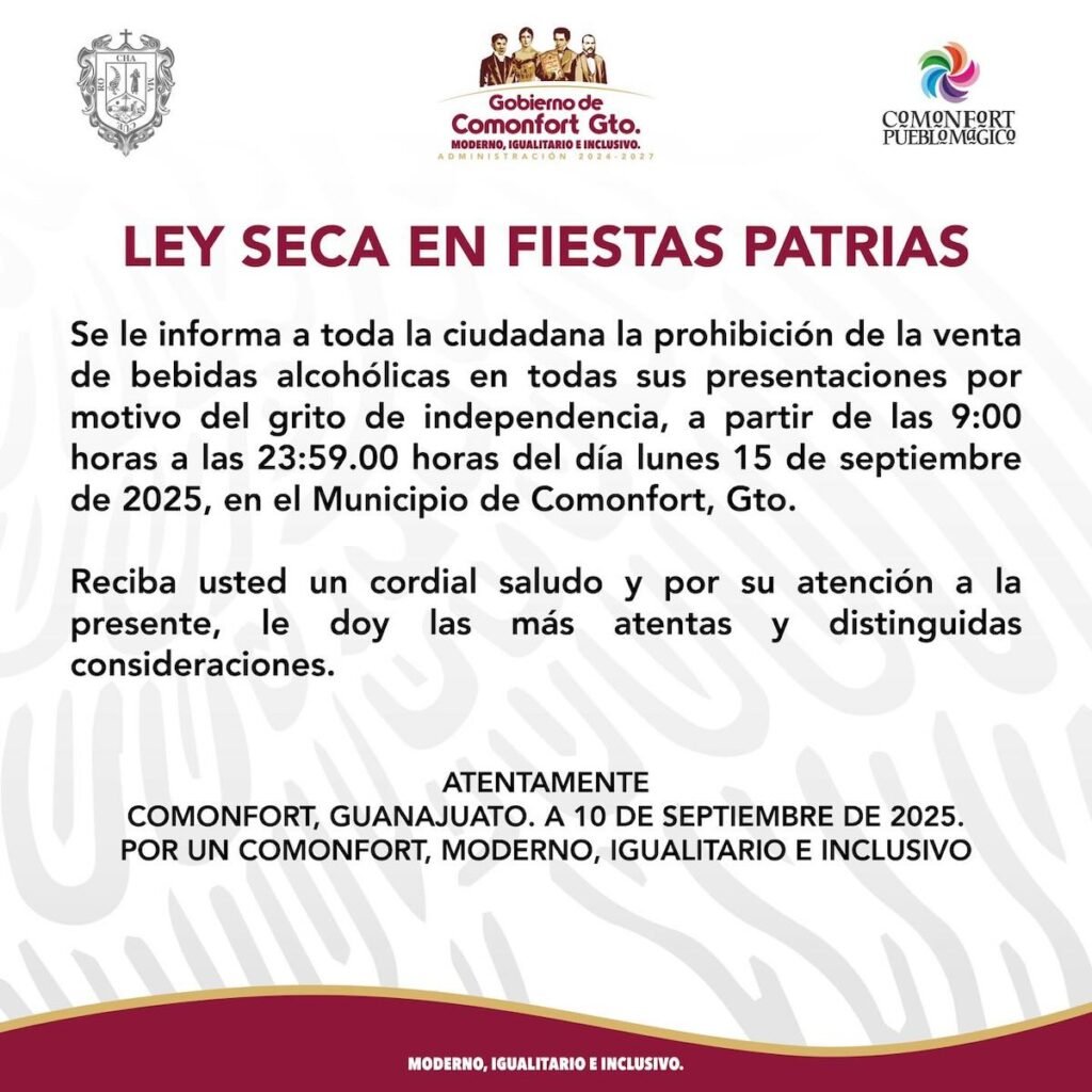 Foto para nota de la Ley Seca en Comonfort septiembre 2025