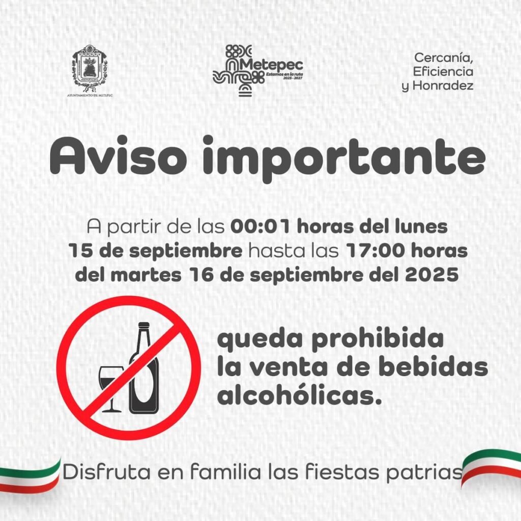Imagen para nota de la ley Seca en Metepec septiembre 2025