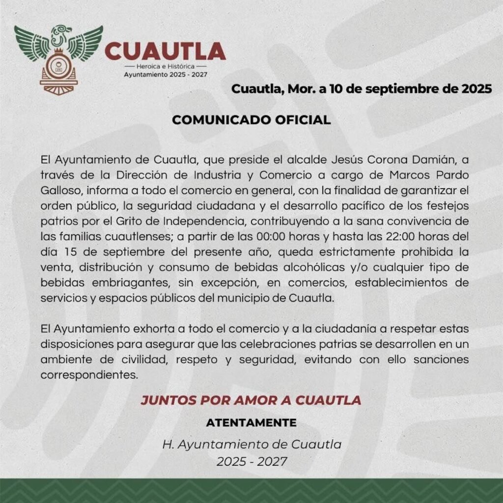 Imagen para nota de la Ley Seca en Morelos septiembre 2025