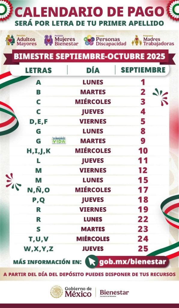 Imagen del calendario de pagos de la Pensión Adultos Mayores del Bienestar septiembre 2025