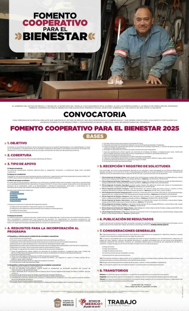 Imagen de la convocatoria del programa Fomento Cooperativo para el Bienestar Edomex 2025