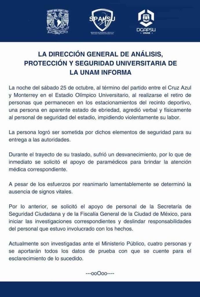 comunicado de la UNAM tras la muerte del aficionado del cruz azul