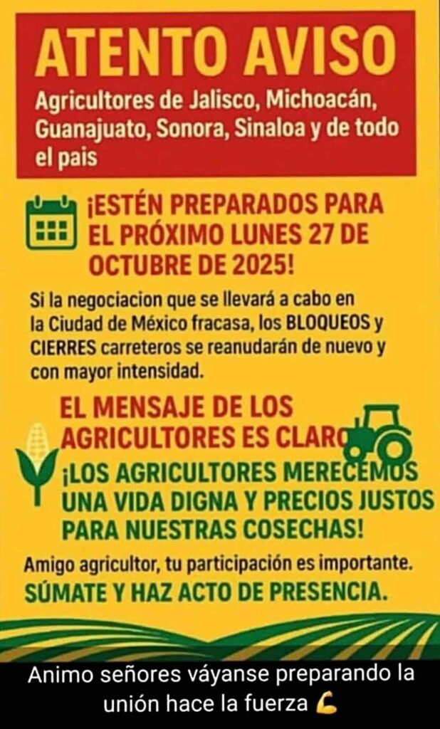 cartel de los bloqueos de carreteras hoy por el paro nacional de agricultores