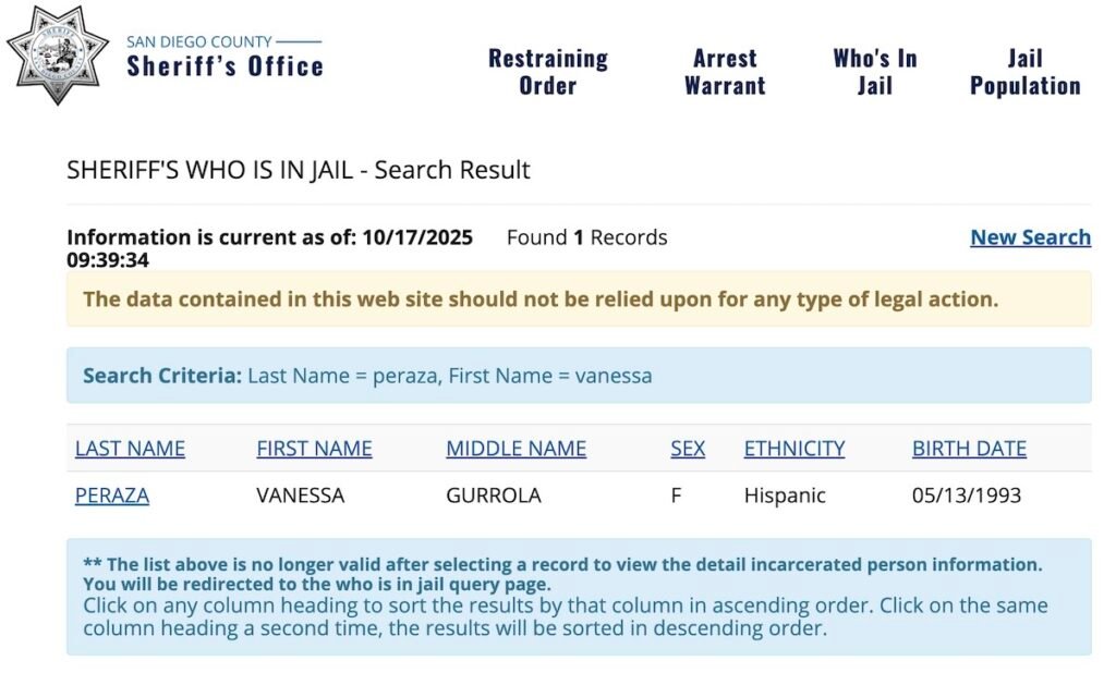 registro de Vanessa Gurrola en San Diego