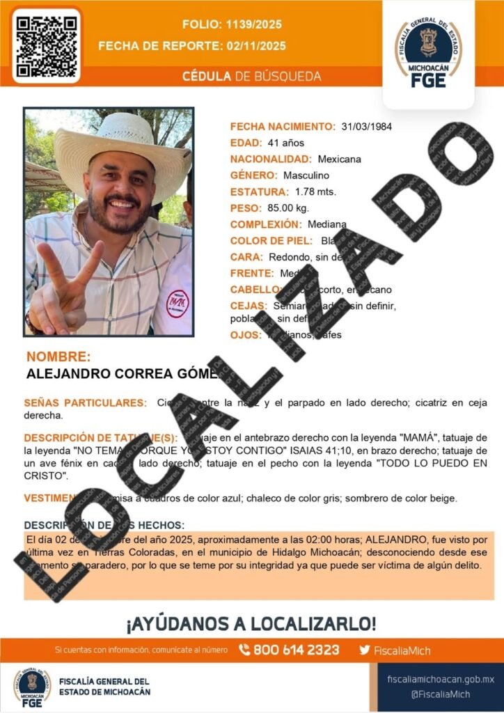 Alejandro Correa Gómez, exalcalde de Zinapécuaro, Michoacán, es localizado con vida