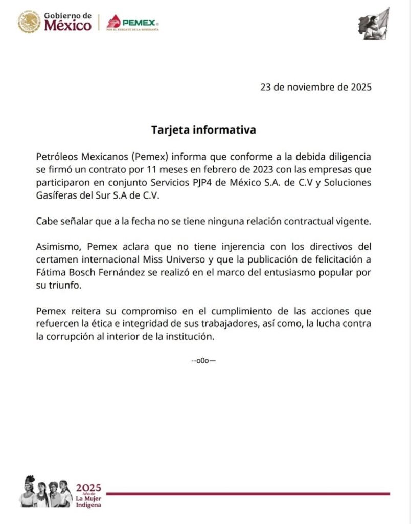 comunicado de pemex sobre el caso de fátima bosch y pemex por miss universo 2025