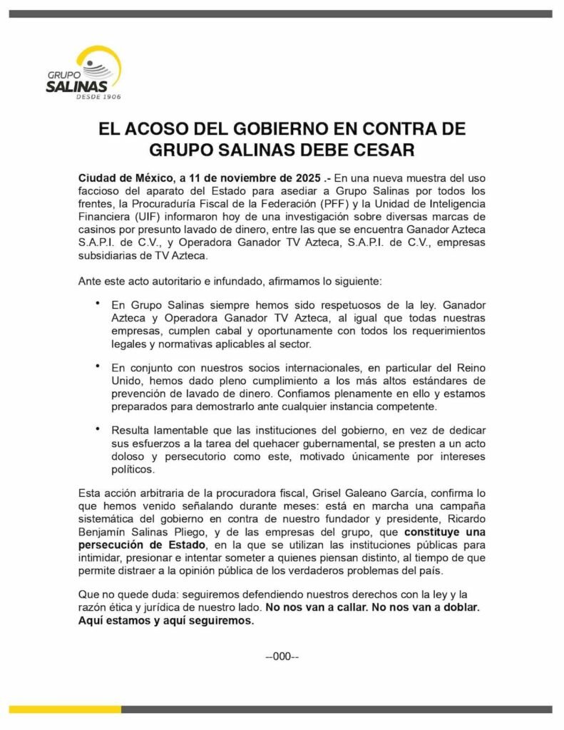Comunicado de Grupo salinas sobre el bloqueo de cuentas a sus casinos