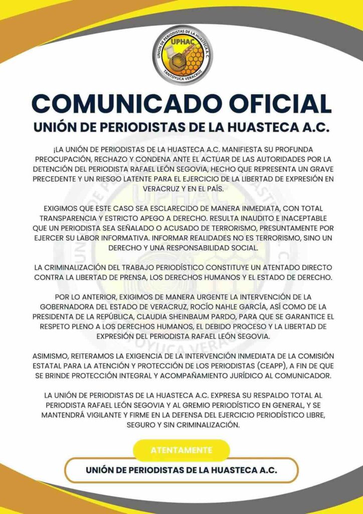 comunicado de apoyo al periodista de veracruz, rafael lafita león, acusado de terrorismo