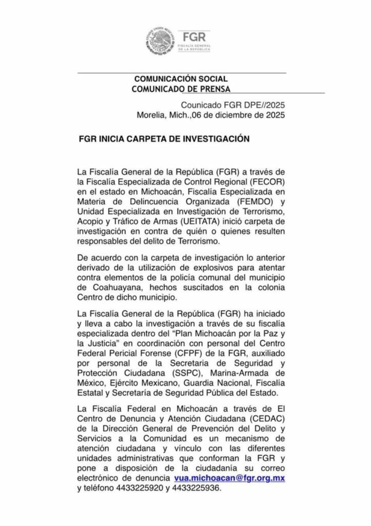 imagen del primer comunicado de la FGR sobre la explosión del supuesto coche bomba en michoacán 