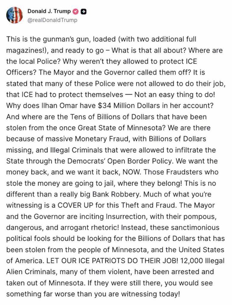 mensaje de trump sobre el asesinato de manifestante en Minneapolis