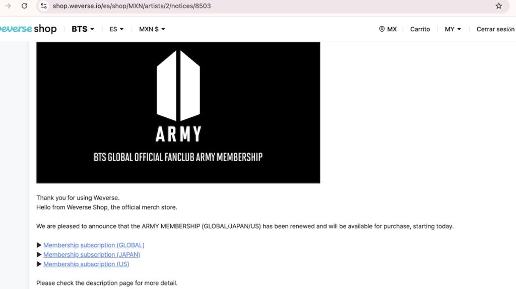 Army Membership precio bts méxico