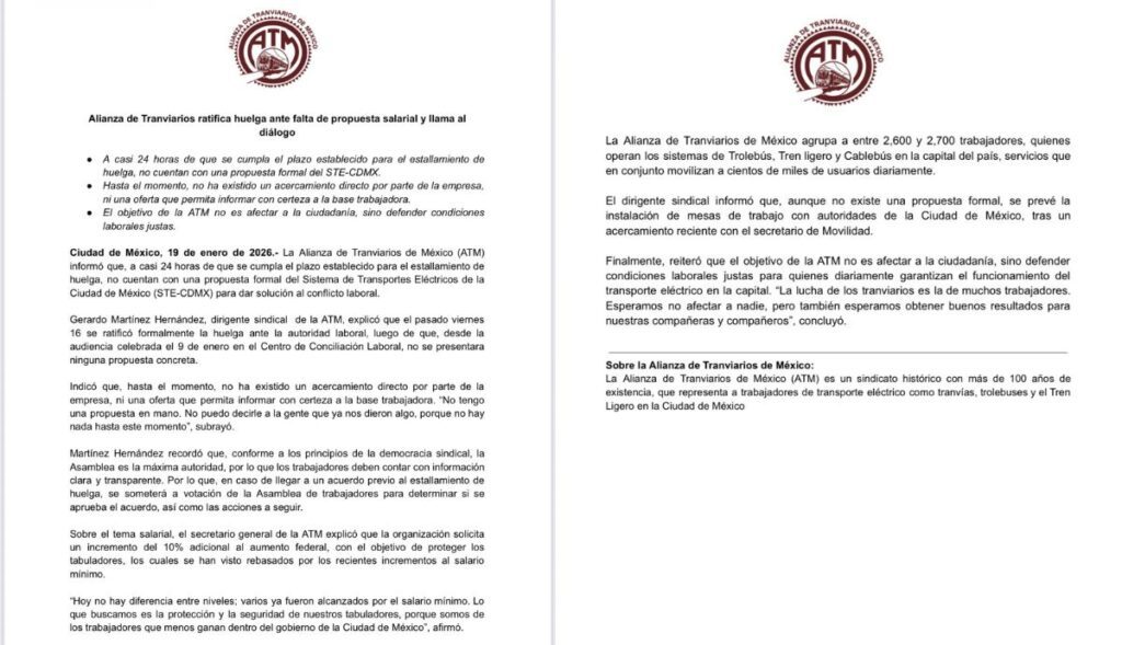 Comunicado Alianza de Tranviarios de México 