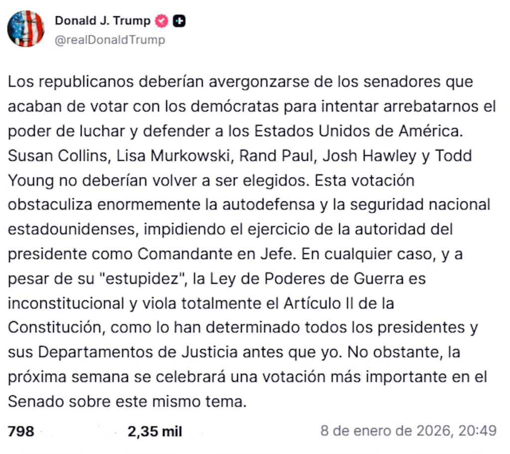 Senado de EU prohibe a Trump volver a incursionar en Venezuela