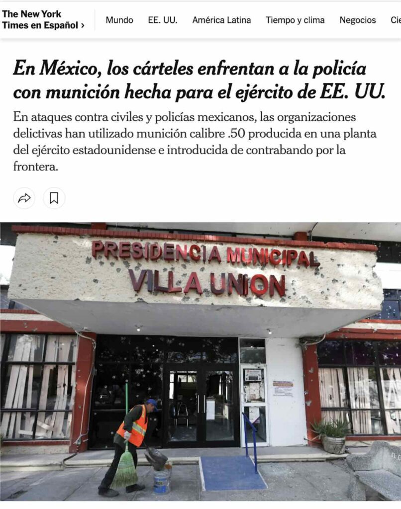 Imagen del reportaje del NYT de las balas de la planta del gobierno de EU que se venden en México