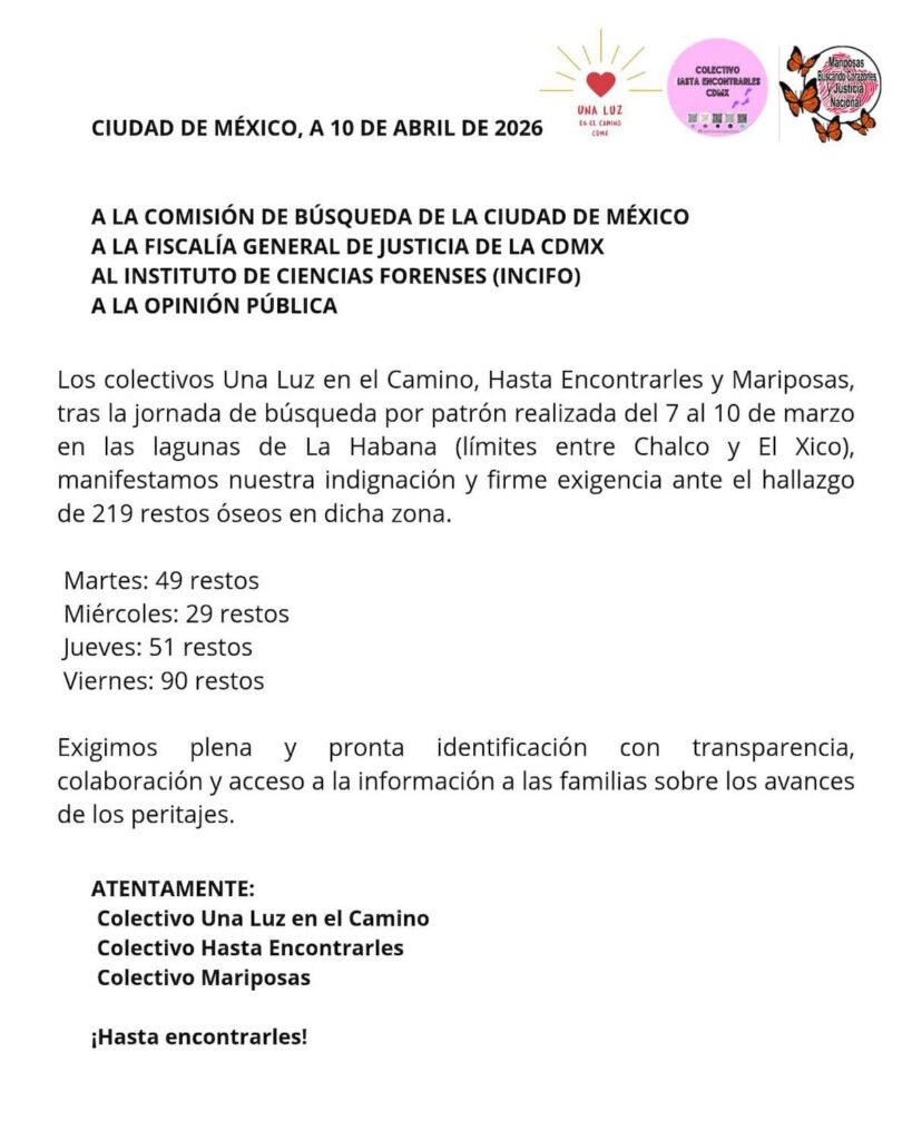 comunicado sobre los restos óseos hallados en el lago de chalco