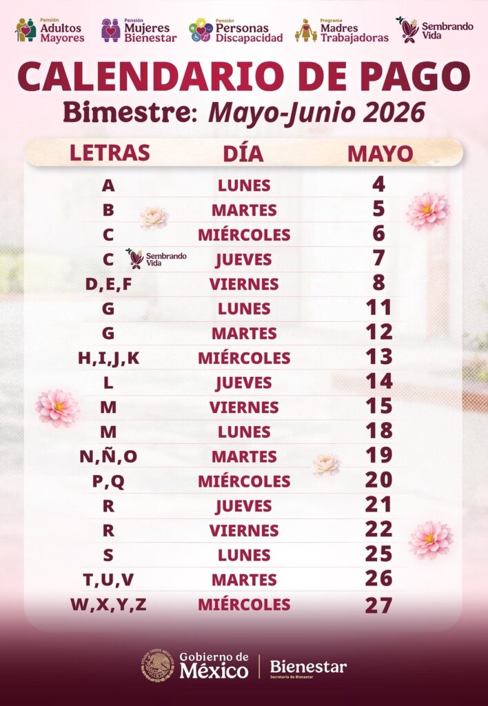 Calendario de pagos de la Pensión del Bienestar 2026 mayo-junio 