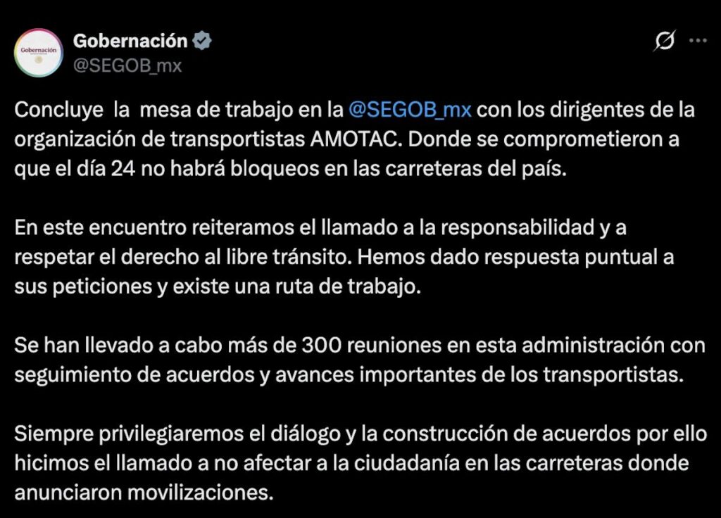 Mensaje de la Segob sobre los Bloqueos transportistas hoy