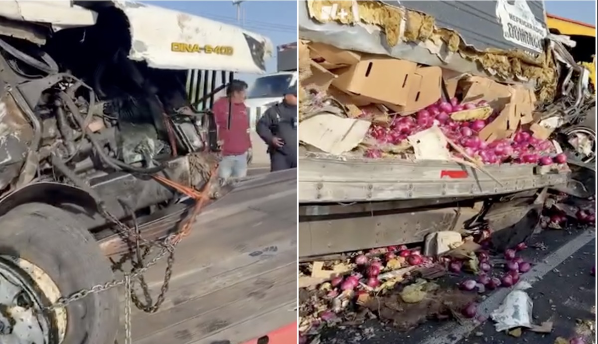 Accidente hoy en el Circuito Exterior Mexiquense: camión de cebollas vuelca en Ecatepec y provoca cierre parcial hacia Querétaro