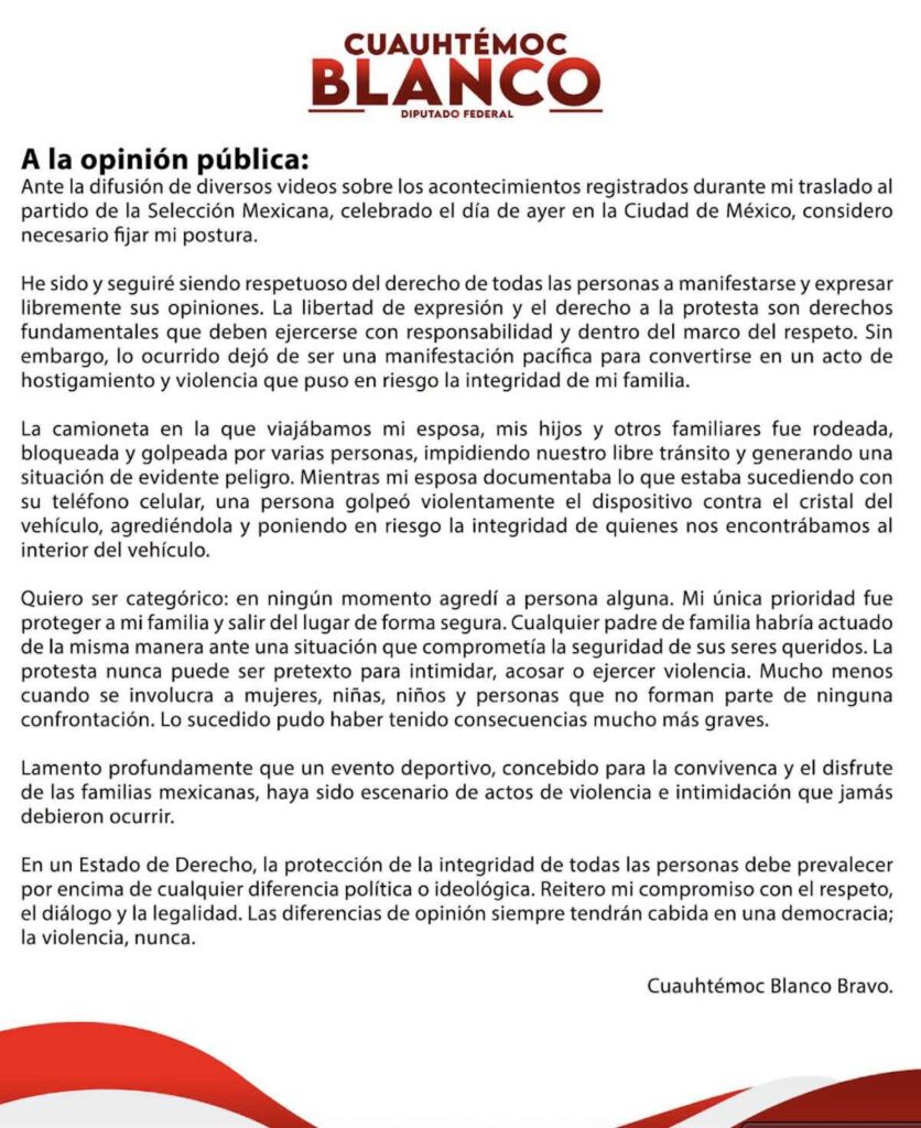 Imagen del comunicado de cuauhtémoc blanco
