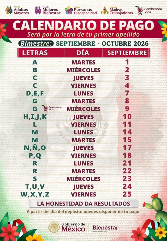 Calendario de pagos de la Pensión del Bienestar 2026 de septiembre-octubre
