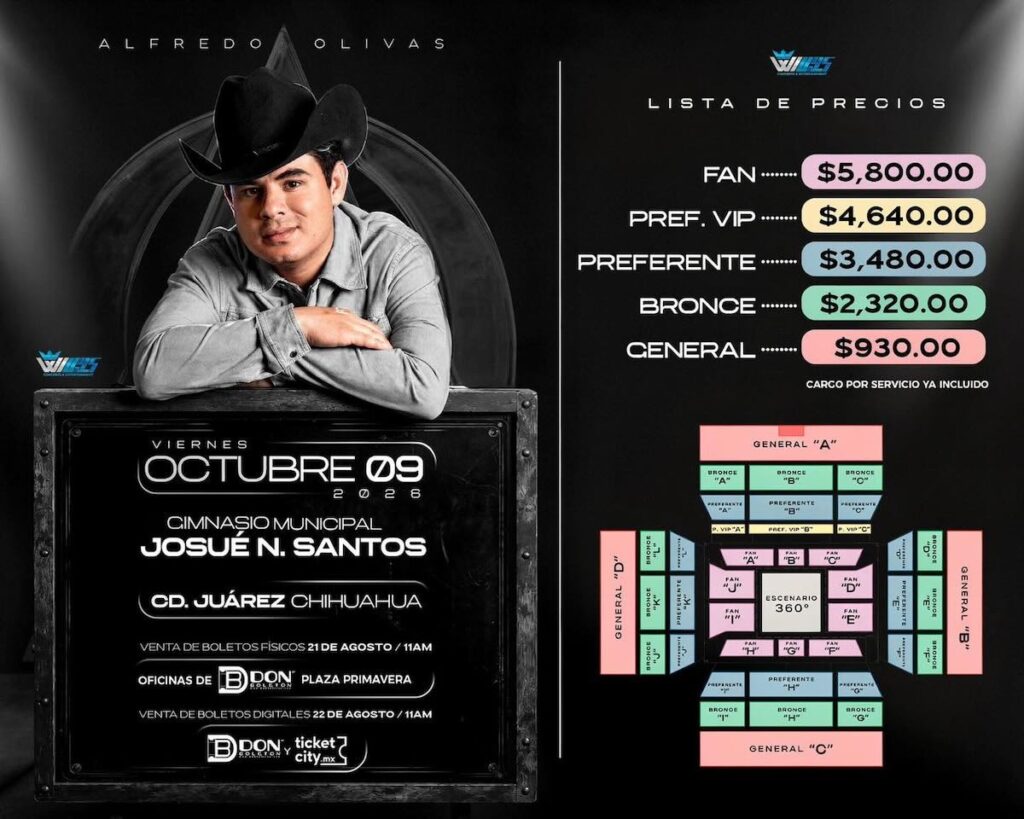 Imagen del mapa y lista de precios de boletos para alfredo olivas en juárez 2026