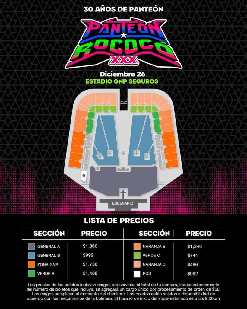 lista de precios d elos boletos para el Boletos Panteón Rococó en el Estadio GNP 2026