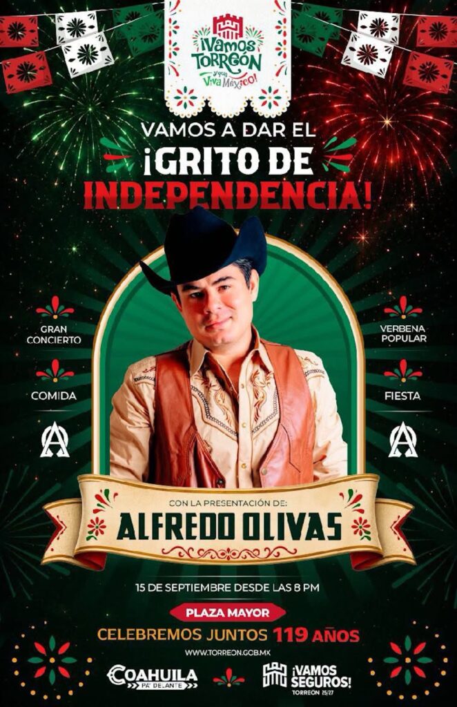 Alfredo Olivas en el Grito del 15 de septiembre 2026 en Torreón