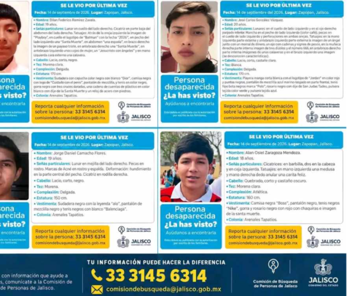 Cuatro jóvenes desaparecen en Zapopan; familias exigen respuestas