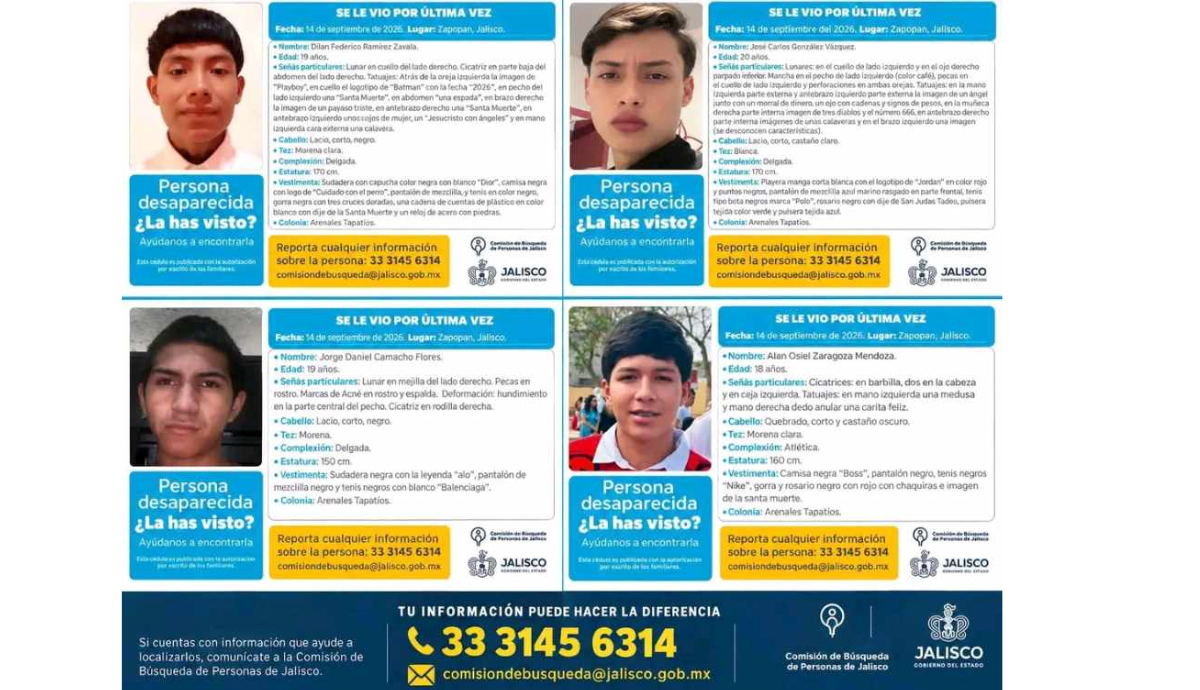 Cuatro jóvenes desaparecen en Zapopan; familias exigen respuestas